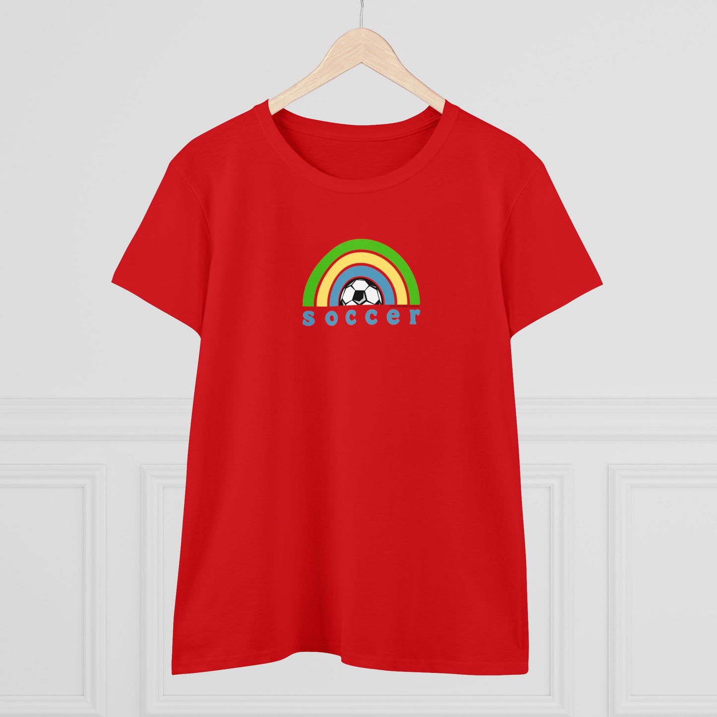 Women's Rainbow Soccer Midweight Cotton Tee, Cute Design, Retro 70's, Pink Soccer T-Shirts for Ladies, Love of Soccer