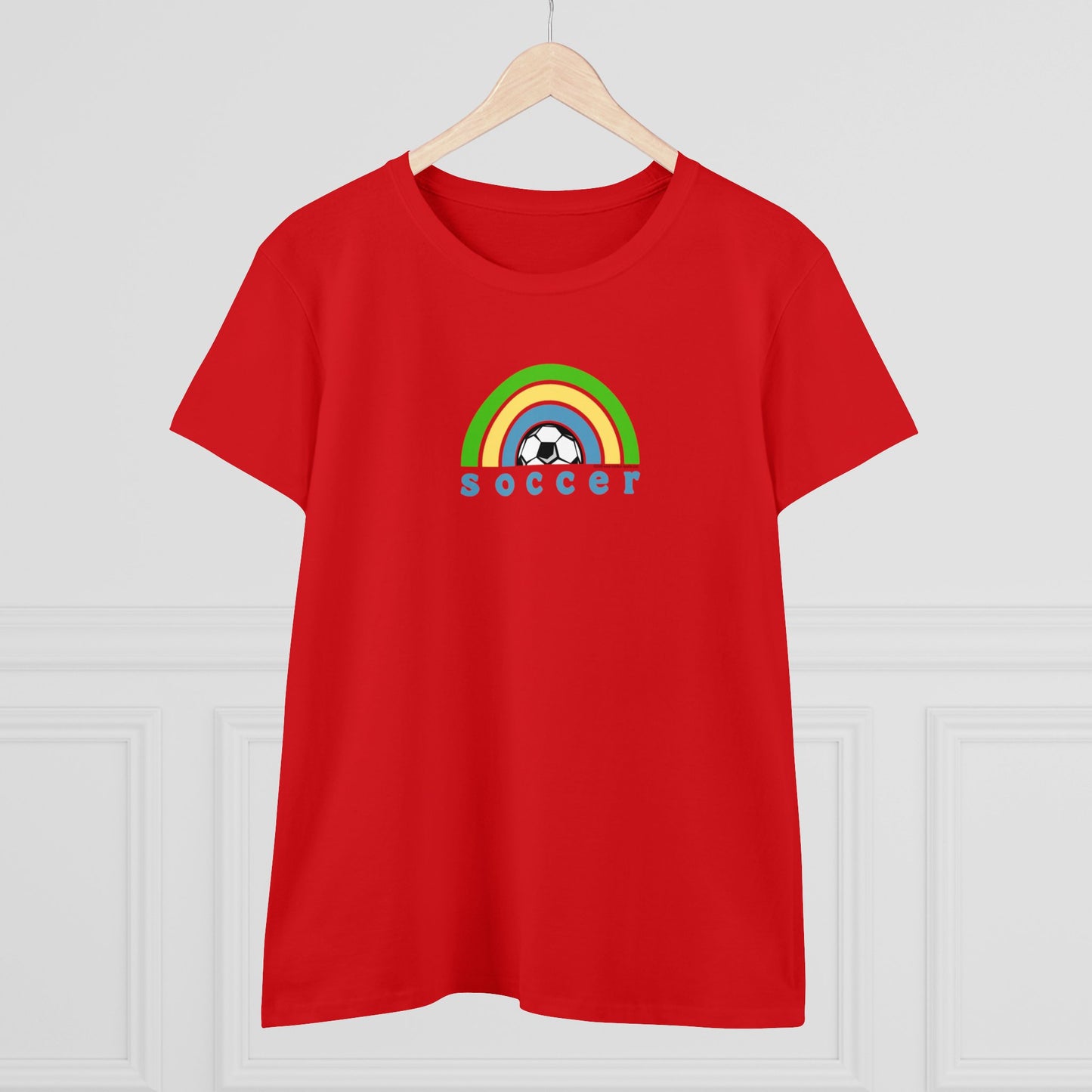 Women's Rainbow Soccer Midweight Cotton Tee, Cute Design, Retro 70's, Pink Basketball T-Shirts for Ladies, Love of Soccer