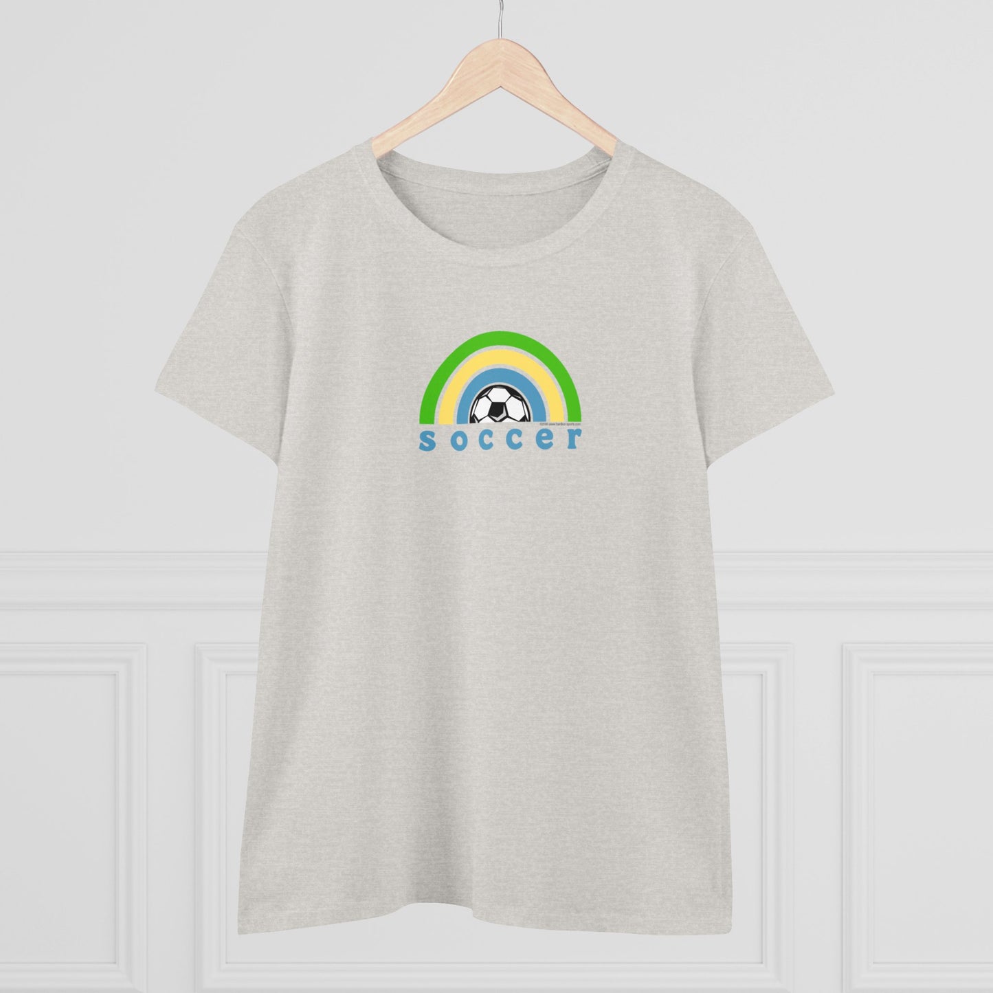 Women's Rainbow Soccer Midweight Cotton Tee, Cute Design, Retro 70's, Pink Soccer T-Shirts for Ladies, Love of Soccer
