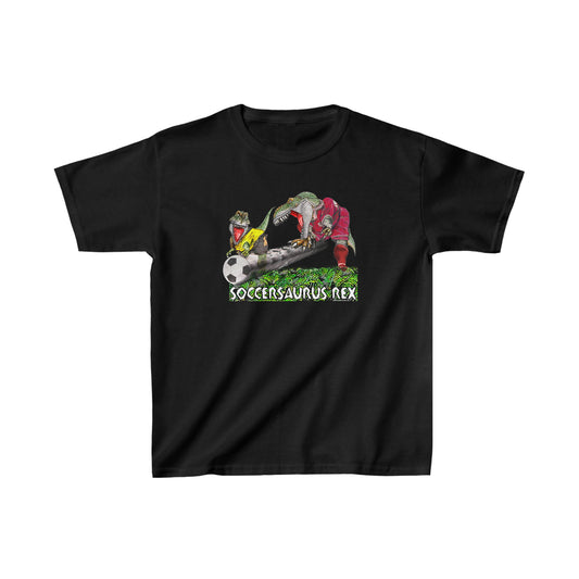 Soccersaurus Rex, Soccer Playing T-Rex Dinosaurs, Playin Soccer in Red and Yellow Jerseys, Funny Soccer T, Youth kids tee, Soccer Dino