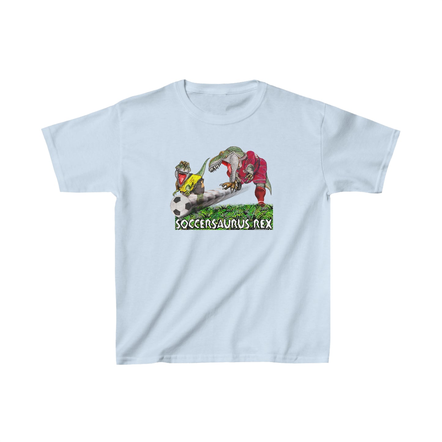Soccersaurus Rex, Soccer Playing T-Rex Dinosaurs, Playin Soccer in Red and Yellow Jerseys, Funny Soccer T, Youth kids tee, Soccer Dino