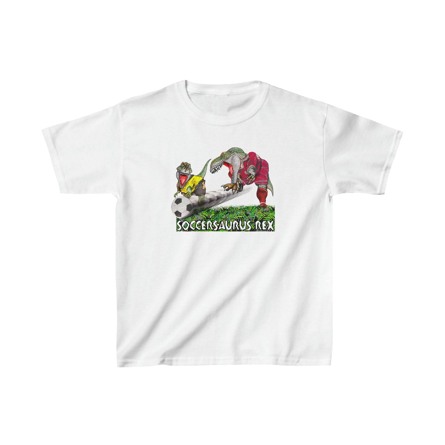 Soccersaurus Rex, Soccer Playing T-Rex Dinosaurs, Playin Soccer in Red and Yellow Jerseys, Funny Soccer T, Youth kids tee, Soccer Dino