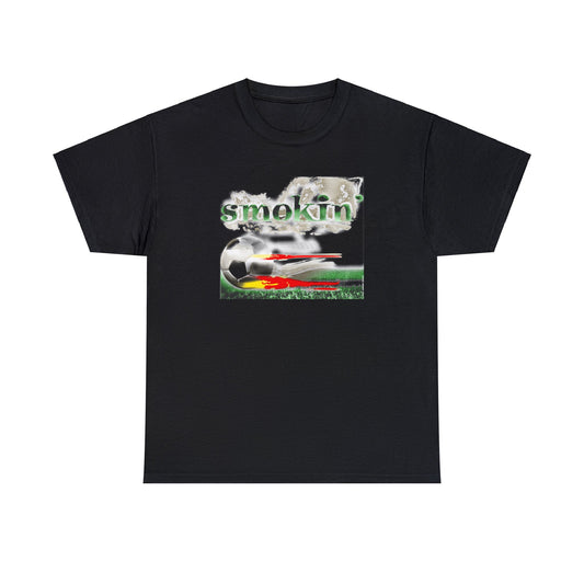 Smokin' Funny Soccer T-Shirt, Unisex Heavy Cotton Tee, Soccer Ball Flaming, Soccer smokin' hot, fast Soccer ball, burning Grass