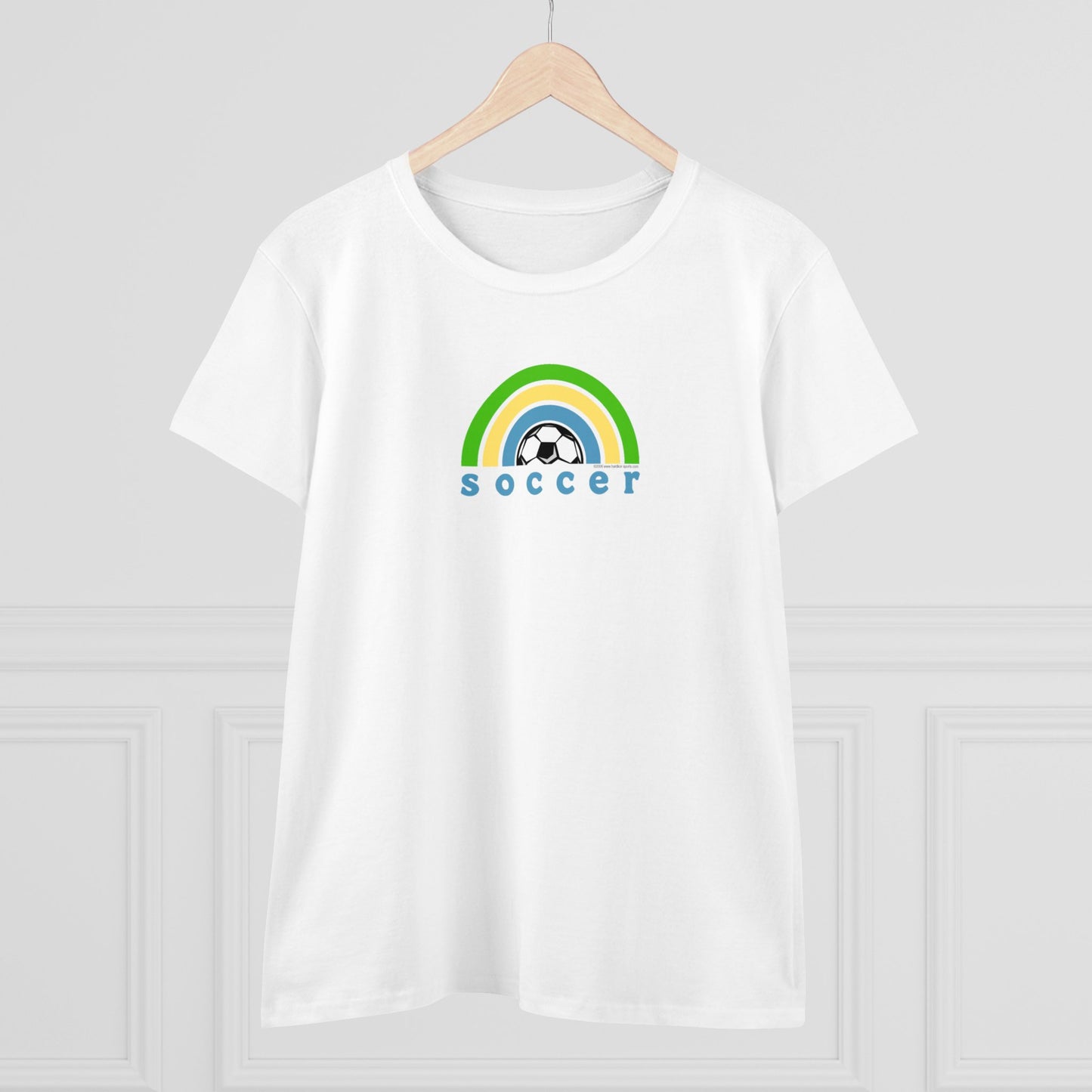 Women's Rainbow Soccer Midweight Cotton Tee, Cute Design, Retro 70's, Pink Basketball T-Shirts for Ladies, Love of Soccer