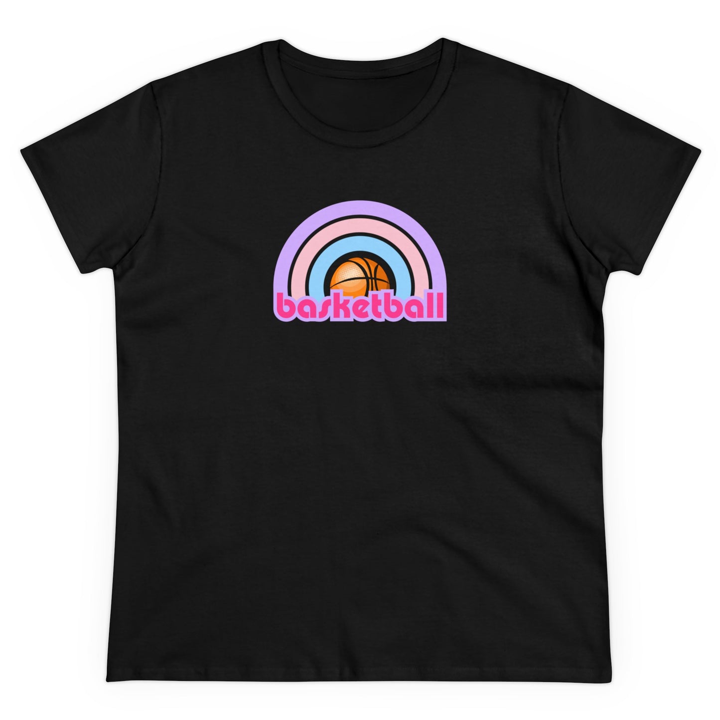 Women's Rainbow Basketball Midweight Cotton Tee, Cute Design, Retro 70's, Pink Basketball T-Shirts for Ladies, Love of Basketball