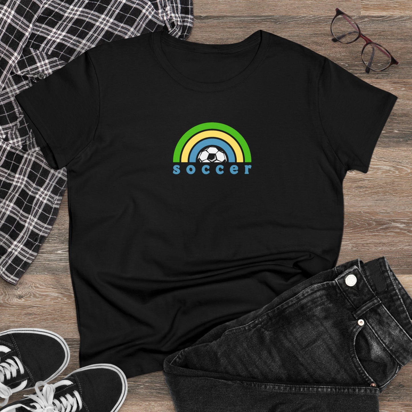 Women's Rainbow Soccer Midweight Cotton Tee, Cute Design, Retro 70's, Pink Soccer T-Shirts for Ladies, Love of Soccer
