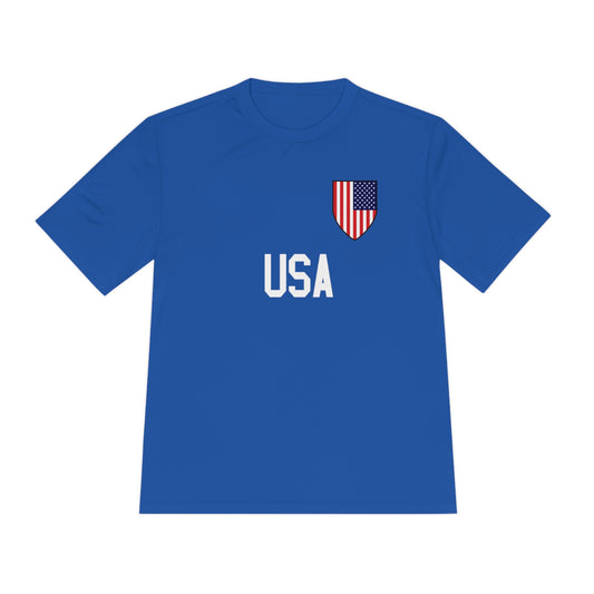 USA Soccer t-shirt with Soccer Shield USA Flag design and USA in block lettering