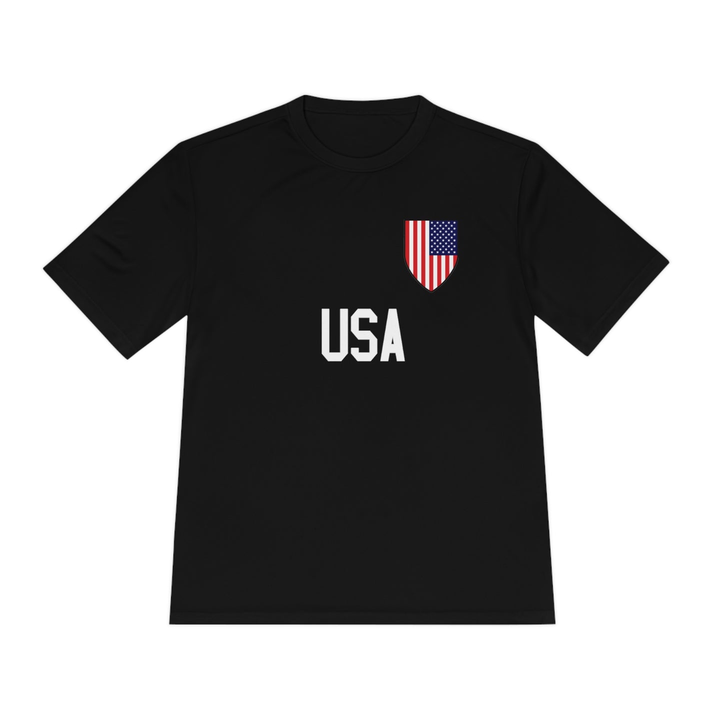 USA Soccer t-shirt with Soccer Shield USA Flag design and USA in block lettering