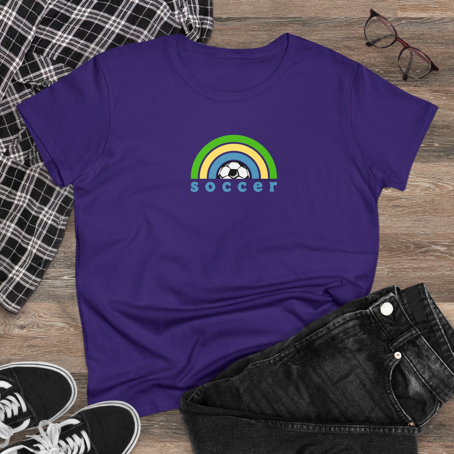 Women's Rainbow Soccer Midweight Cotton Tee, Cute Design, Retro 70's, Pink Soccer T-Shirts for Ladies, Love of Soccer