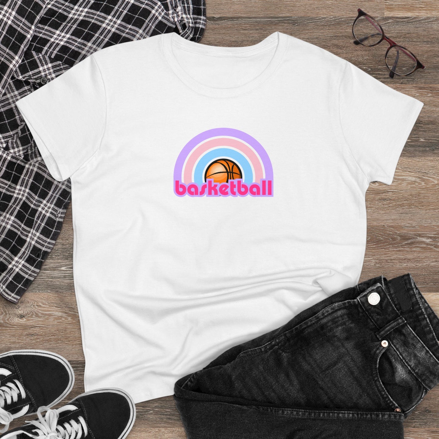 Women's Rainbow Basketball Midweight Cotton Tee, Cute Design, Retro 70's, Pink Basketball T-Shirts for Ladies, Love of Basketball