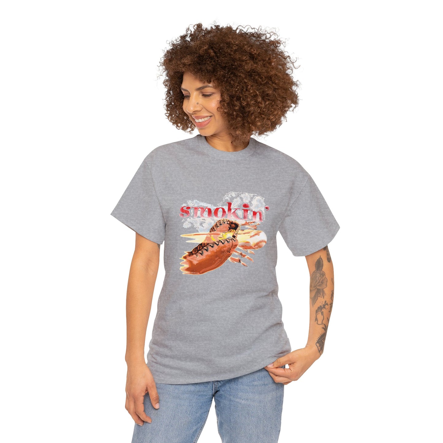 Smokin' Funny Baseball T-Shirt, Unisex Heavy Cotton Tee, Baseball Glove, Baseball smokin' hot, fast baseball, burning catchers mitt, gift