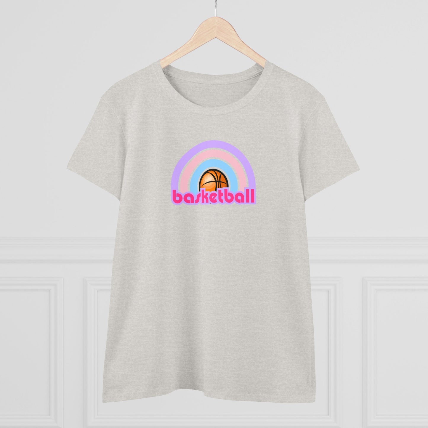 Women's Rainbow Basketball Midweight Cotton Tee, Cute Design, Retro 70's, Pink Basketball T-Shirts for Ladies, Love of Basketball