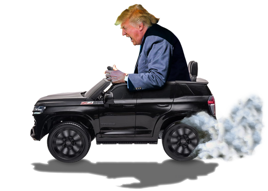 Funny Trump T-Shirt showing Donald Driving a Tiny battery powered toy car, Burning off Tires, Digital Photo Rendering