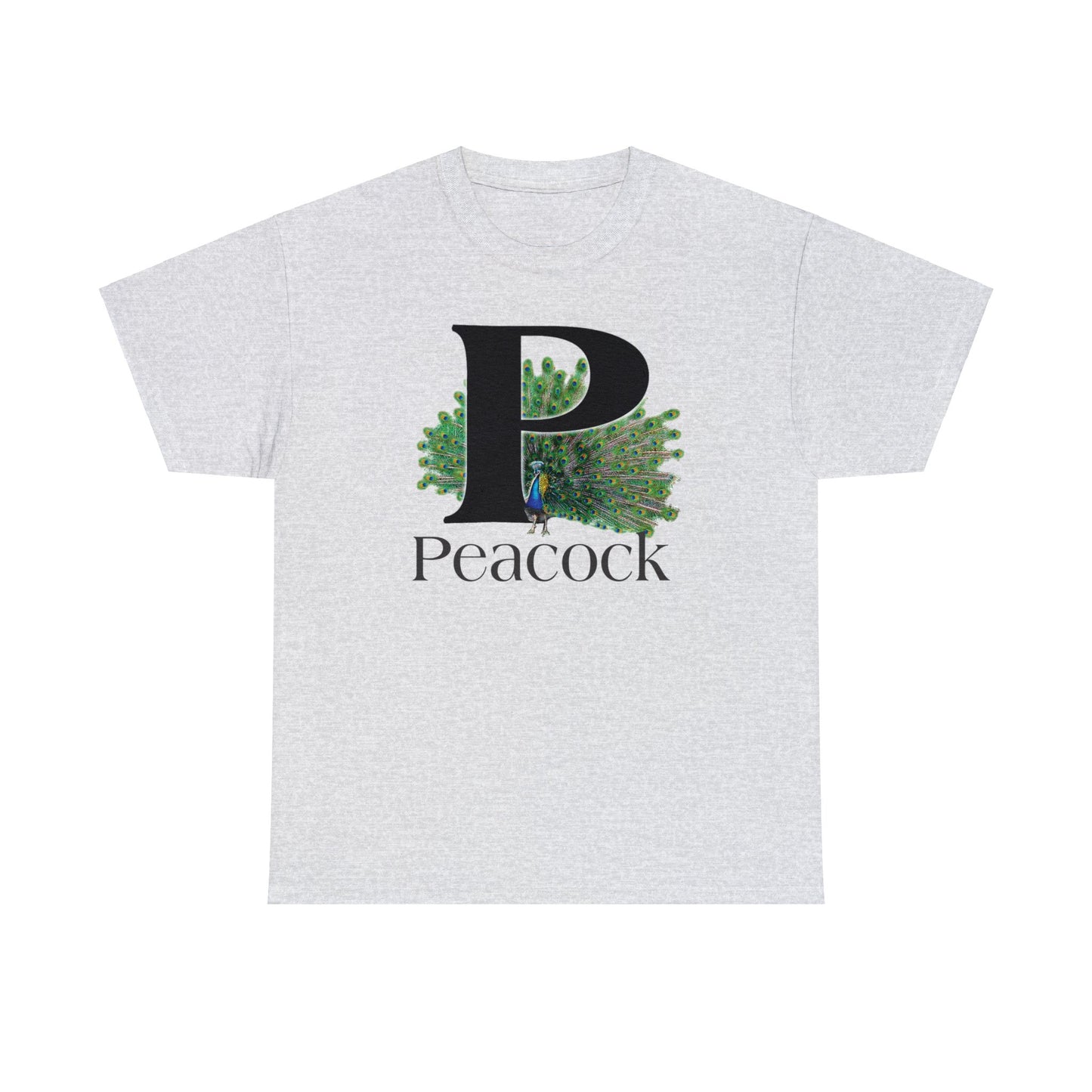 P is for Peacock T-Shirt, Peacock Feathers Fanned out, Bird Shirt, Drawing T-Shirt, animal t-shirt,