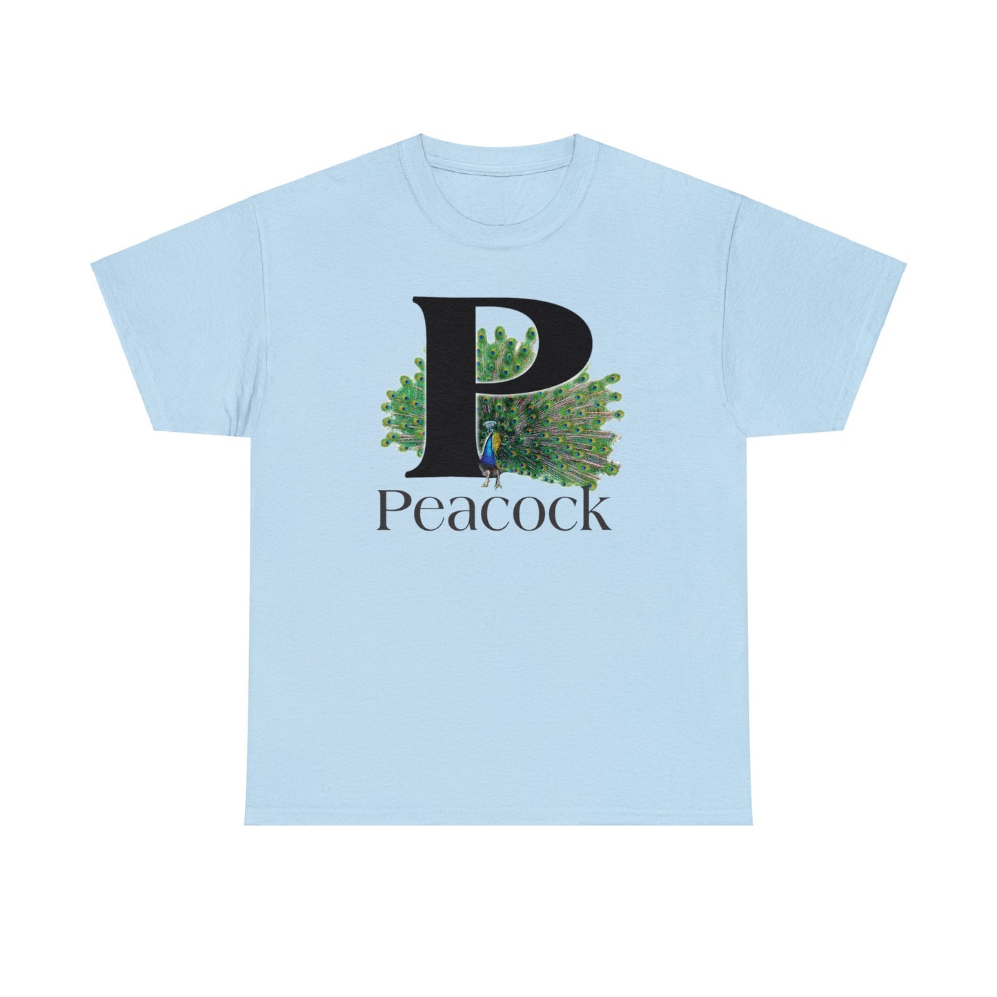 P is for Peacock T-Shirt, Peacock Feathers Fanned out, Bird Shirt, Drawing T-Shirt, animal t-shirt,