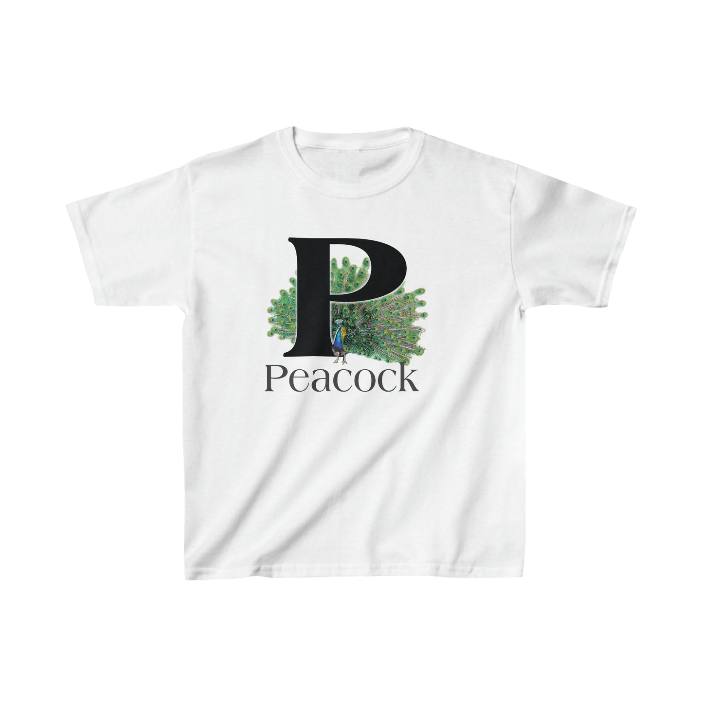 Peacock Letter P T-Shirt, Peacock Feathers Fanned out, Bird Shirt, Drawing T-Shirt, animal t-shirt, animal alphabet T, animal letters
