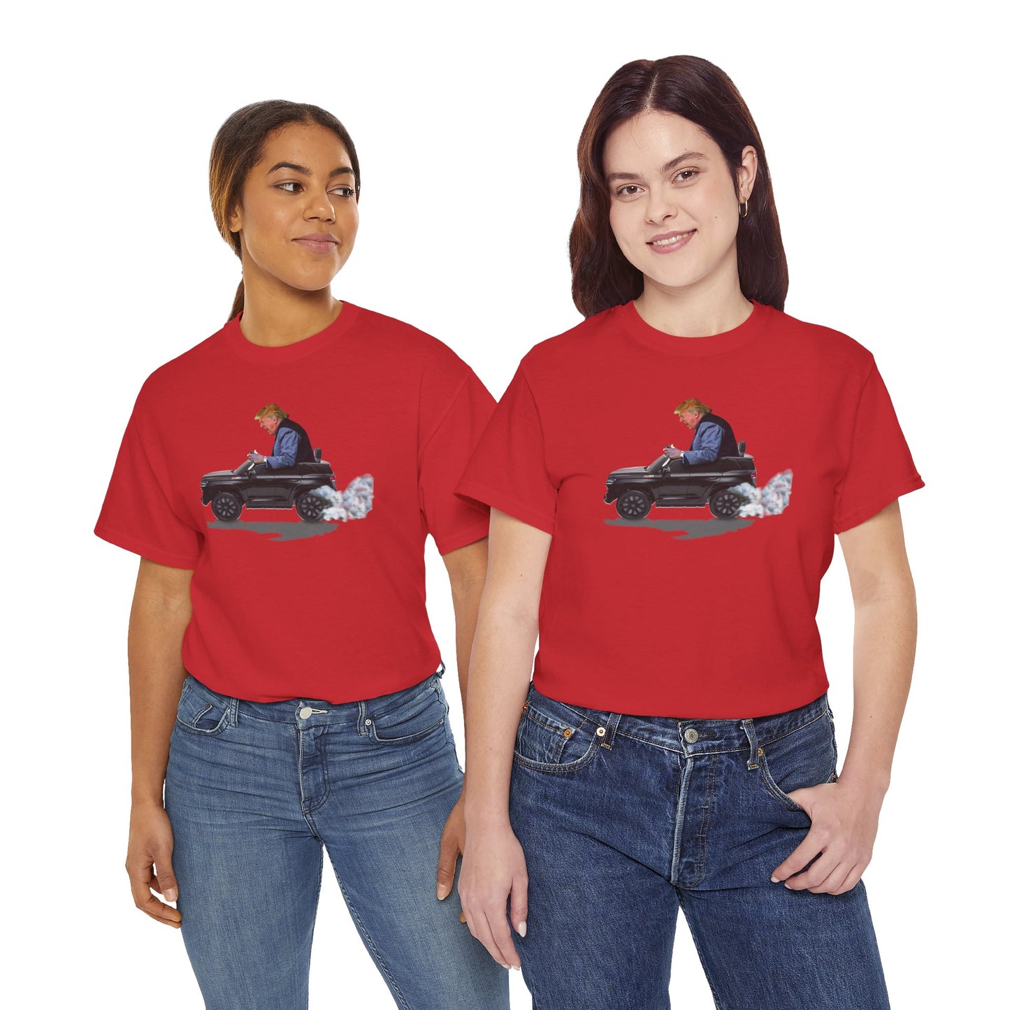 Funny Trump T-Shirt showing Donald Driving a Tiny battery powered toy car, Burning off Tires, Digital Photo Rendering