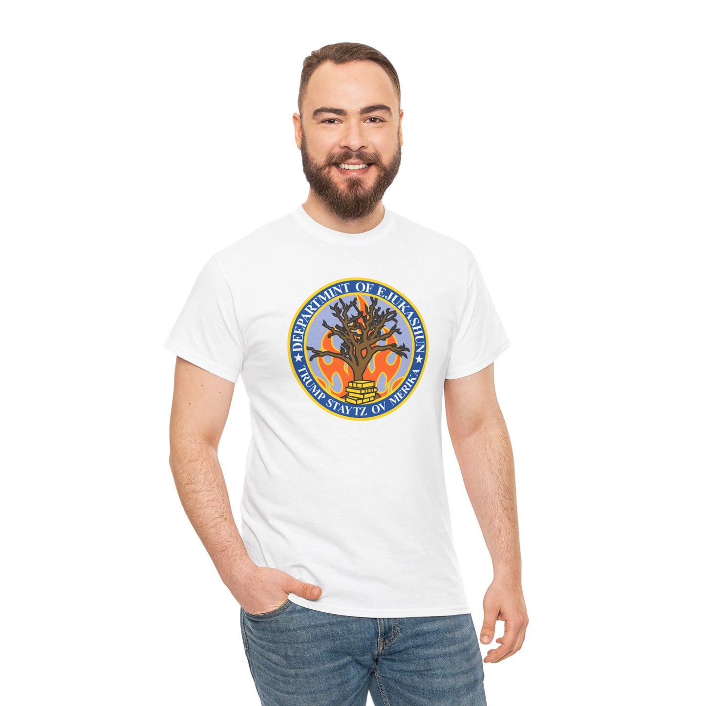 Trump Parody T-Shirt Department of Education, Misspelled as Deepartmint of Edukashun, Burning Tree, Banned Books, Dystopian, Sad Political Dark Humor