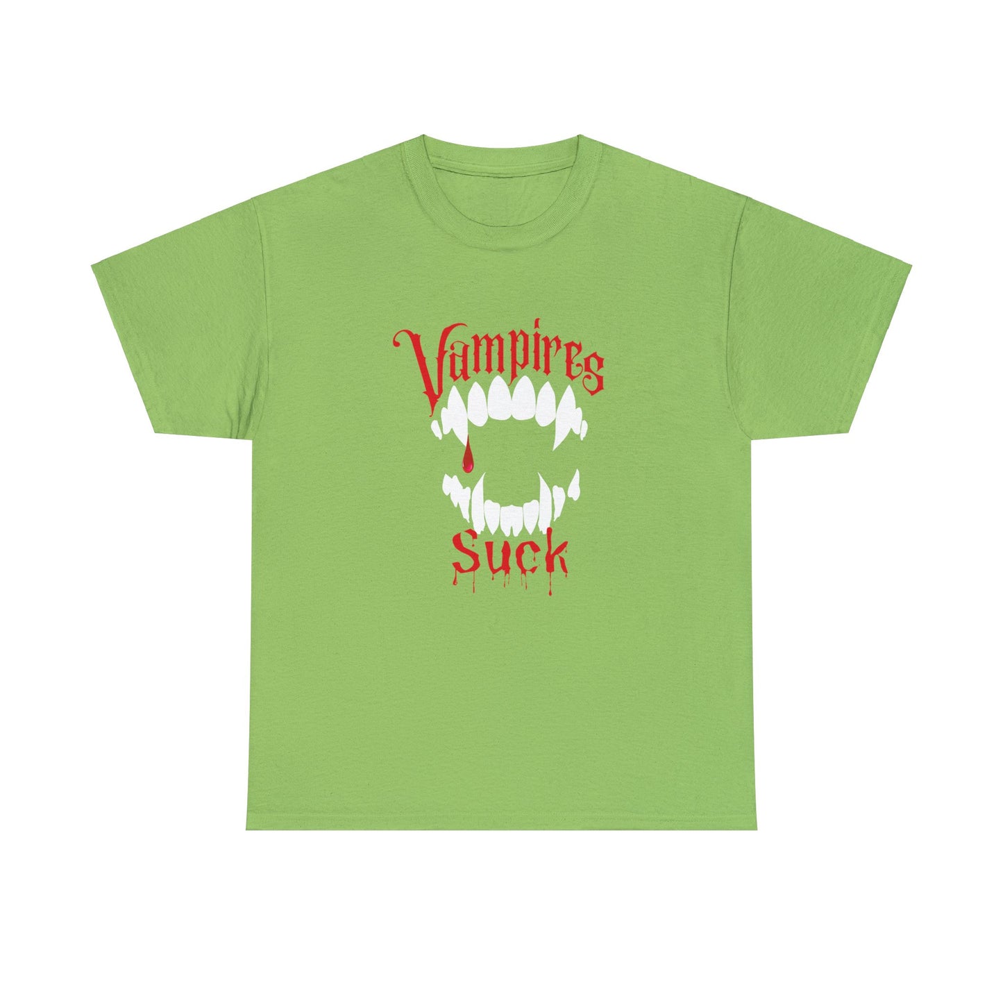 Vampires Suck T-Shirt, Funny Ironic Halloween Black Tee, Macabre, Ironic Spooky, White Vampire Fangs, Creepy Red Text, Dripping Blood