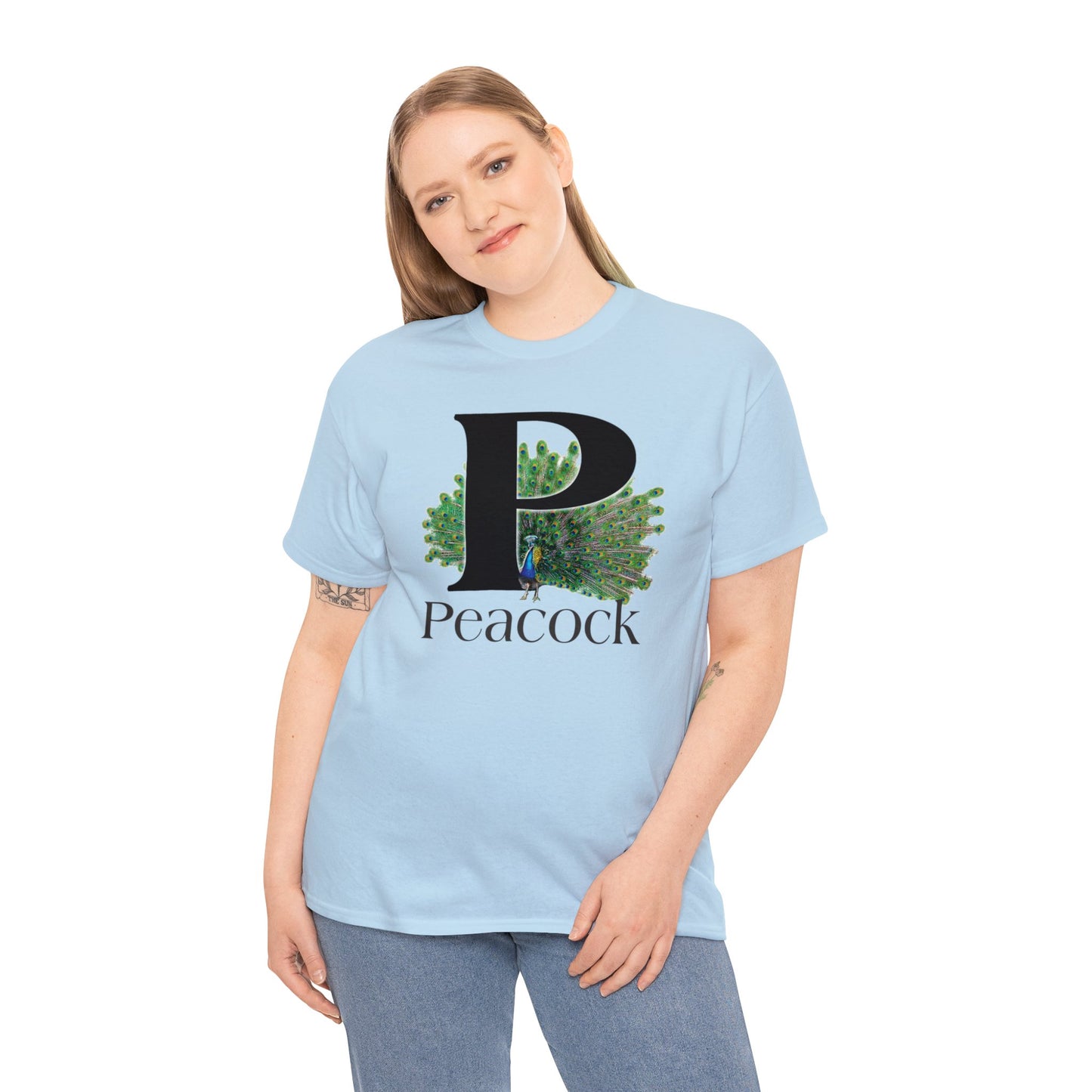P is for Peacock T-Shirt, Peacock Feathers Fanned out, Bird Shirt, Drawing T-Shirt, animal t-shirt,