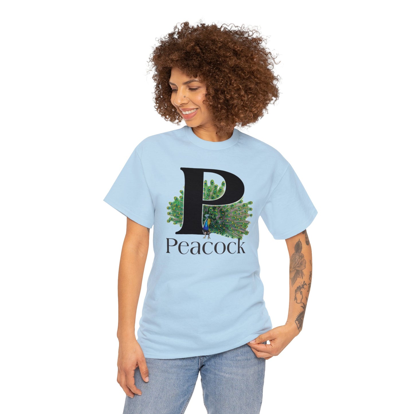 P is for Peacock T-Shirt, Peacock Feathers Fanned out, Bird Shirt, Drawing T-Shirt, animal t-shirt,