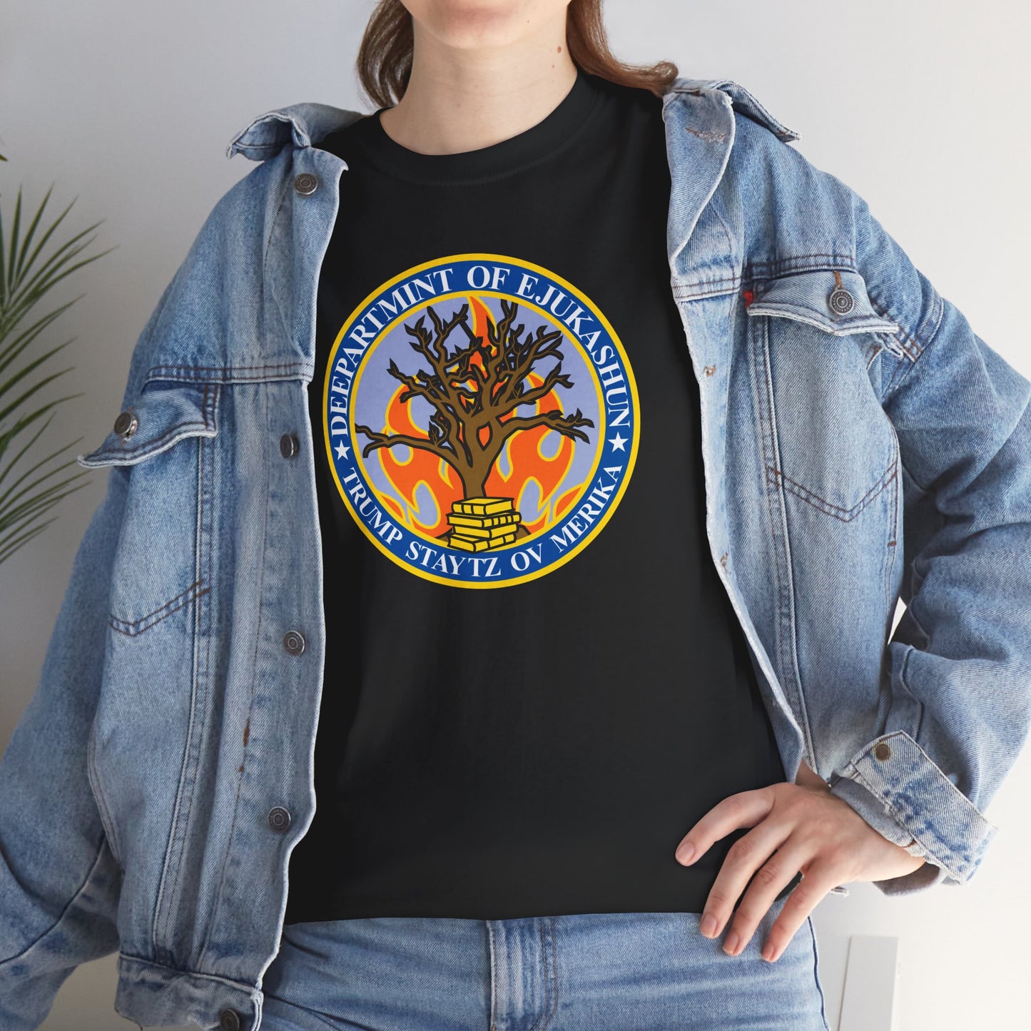 Trump Parody T-Shirt Department of Education, Misspelled as Deepartmint of Edukashun, Burning Tree, Banned Books, Dystopian, Sad Political Dark Humor