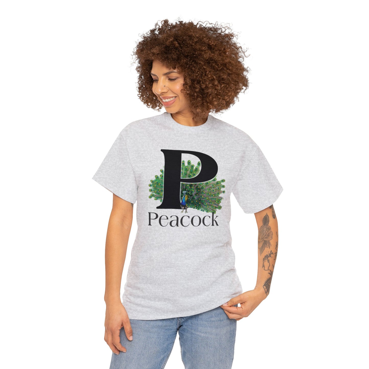 P is for Peacock T-Shirt, Peacock Feathers Fanned out, Bird Shirt, Drawing T-Shirt, animal t-shirt,