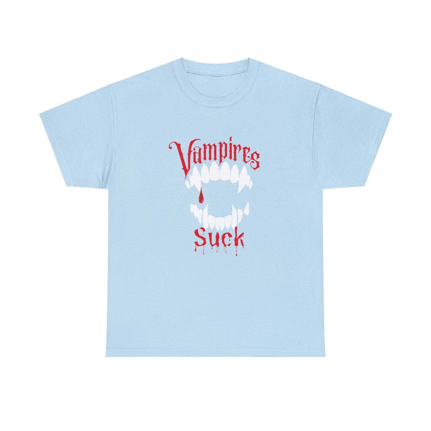 Vampires Suck T-Shirt, Funny Ironic Halloween Black Tee, Macabre, Ironic Spooky, White Vampire Fangs, Creepy Red Text, Dripping Blood