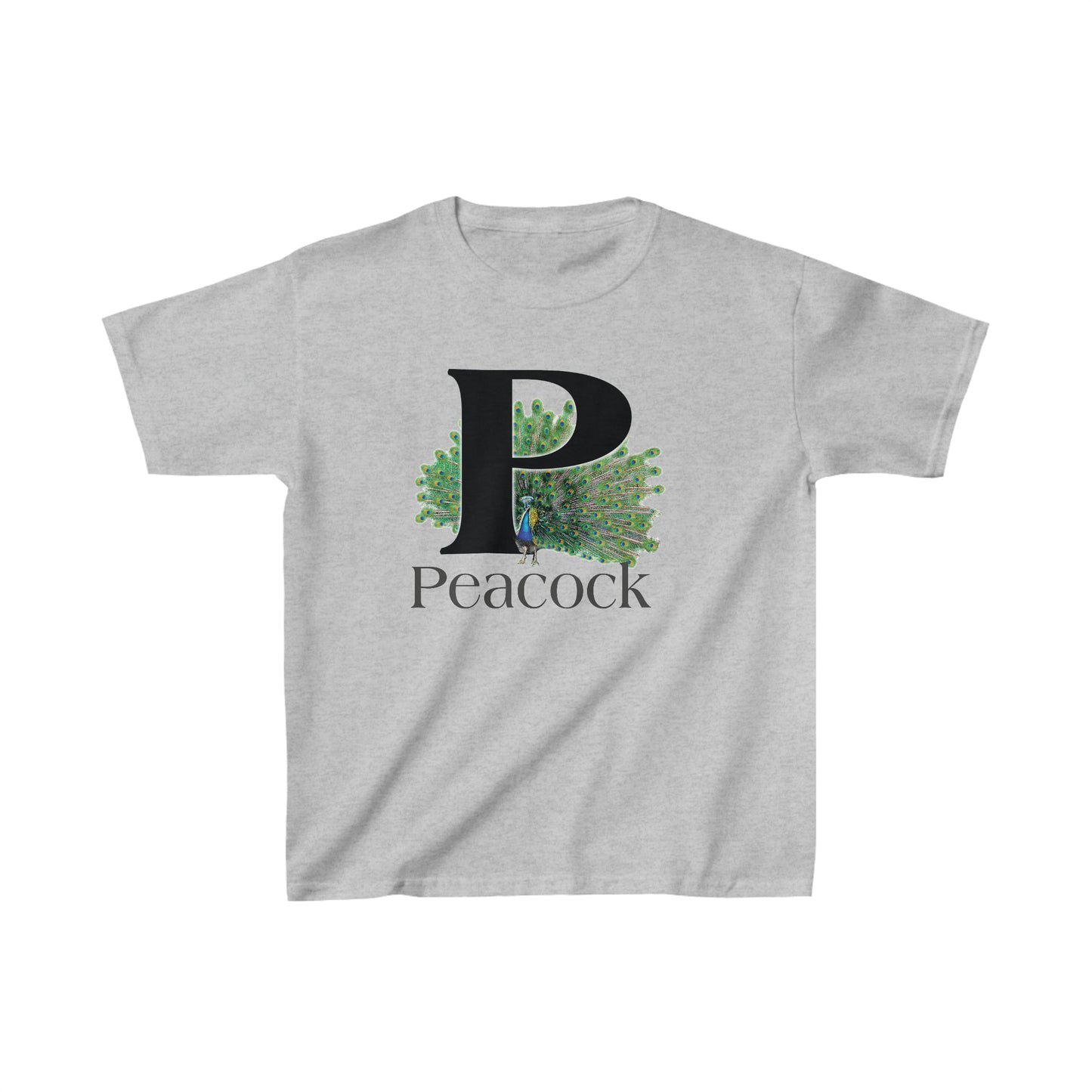 Peacock Letter P T-Shirt, Peacock Feathers Fanned out, Bird Shirt, Drawing T-Shirt, animal t-shirt, animal alphabet T, animal letters