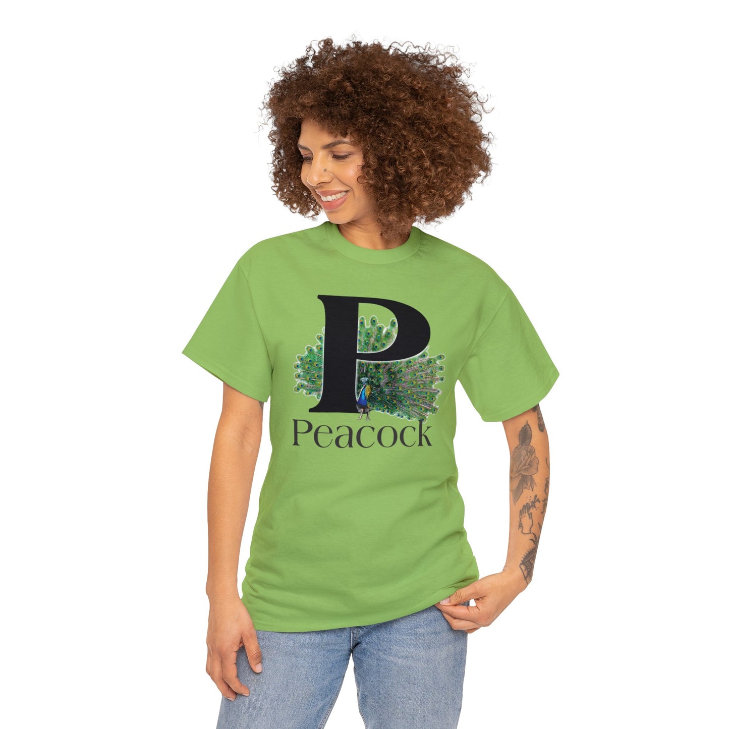 P is for Peacock T-Shirt, Peacock Feathers Fanned out, Bird Shirt, Drawing T-Shirt, animal t-shirt,