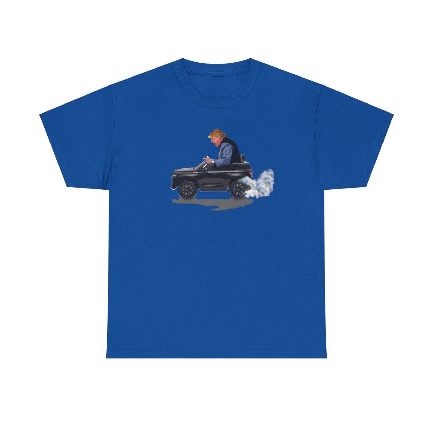 Funny Trump T-Shirt showing Donald Driving a Tiny battery powered toy car, Burning off Tires, Digital Photo Rendering