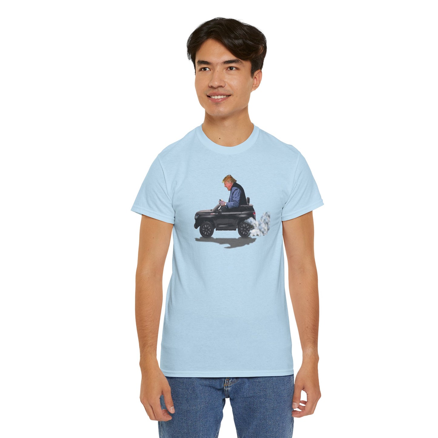 Funny Trump T-Shirt showing Donald Driving a Tiny battery powered toy car, Burning off Tires, Digital Photo Rendering