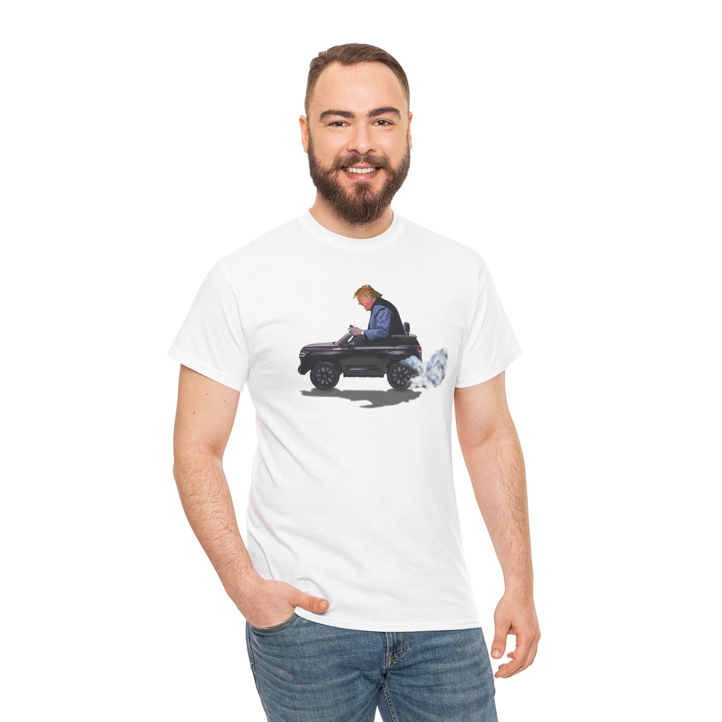 Funny Trump T-Shirt showing Donald Driving a Tiny battery powered toy car, Burning off Tires, Digital Photo Rendering