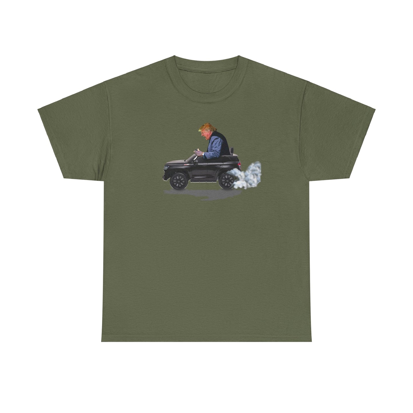 Funny Trump T-Shirt showing Donald Driving a Tiny battery powered toy car, Burning off Tires, Digital Photo Rendering