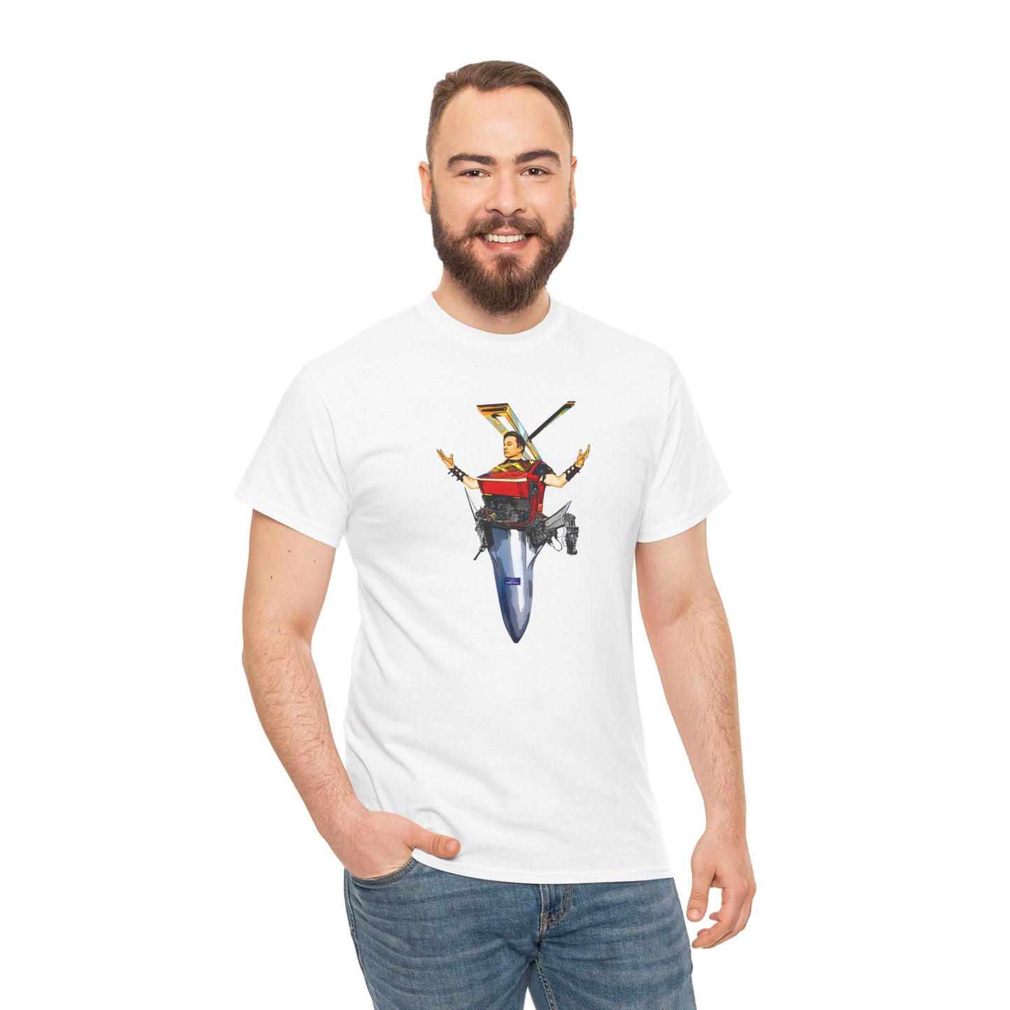 Elon Musk, Mech Warrior, Tesla Truck, Space X Starship, Super Hero, T-Shirt Comic Book Style Illustration