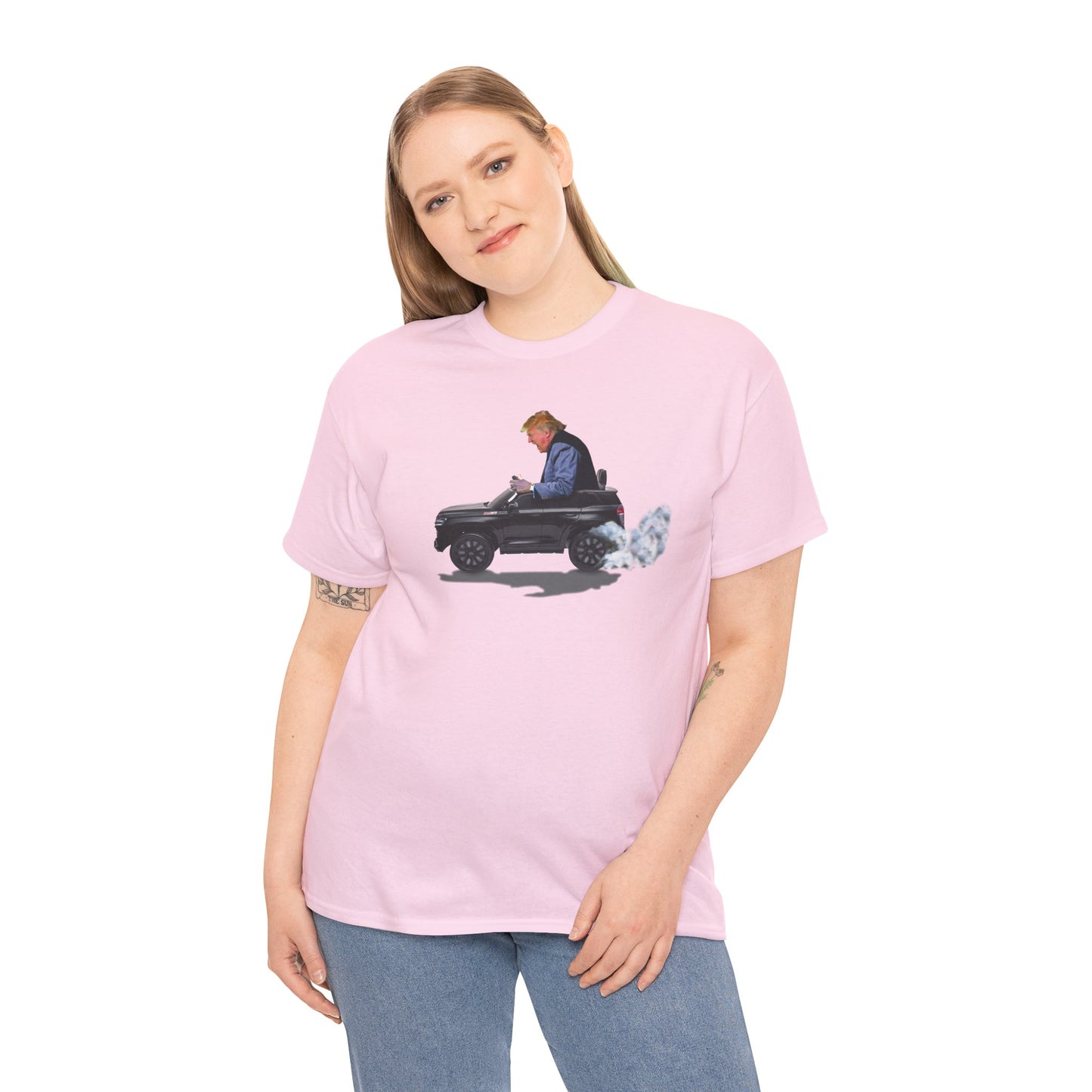 Funny Trump T-Shirt showing Donald Driving a Tiny battery powered toy car, Burning off Tires, Digital Photo Rendering