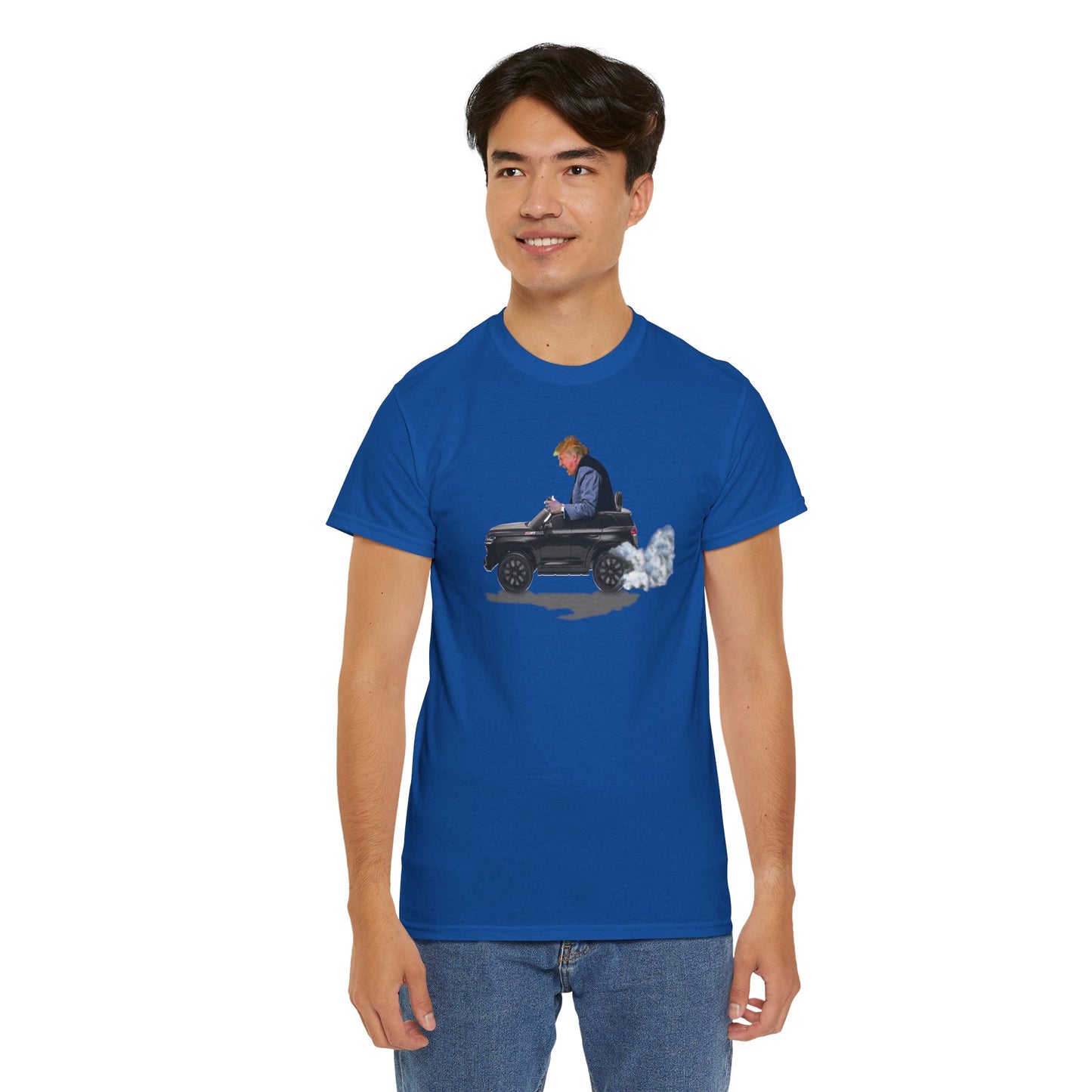 Funny Trump T-Shirt showing Donald Driving a Tiny battery powered toy car, Burning off Tires, Digital Photo Rendering