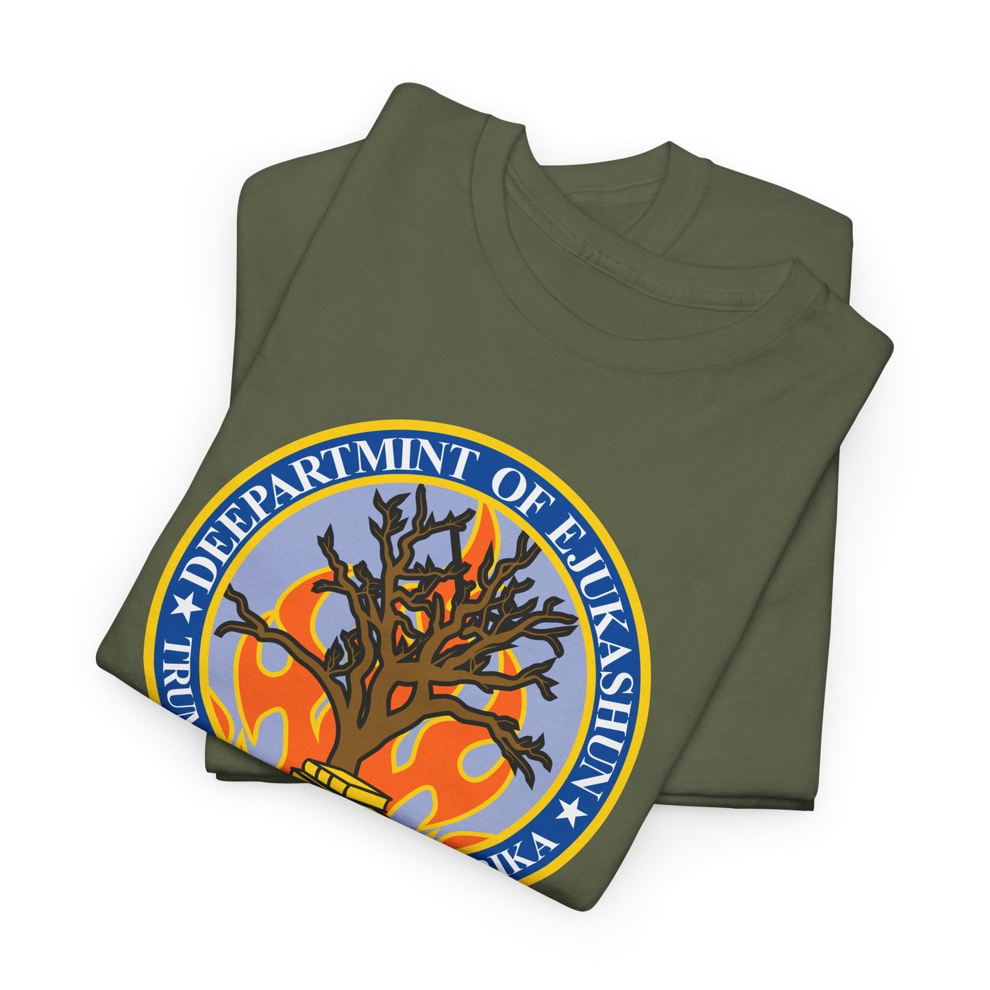 Trump Parody T-Shirt Department of Education, Misspelled as Deepartmint of Edukashun, Burning Tree, Banned Books, Dystopian, Sad Political Dark Humor