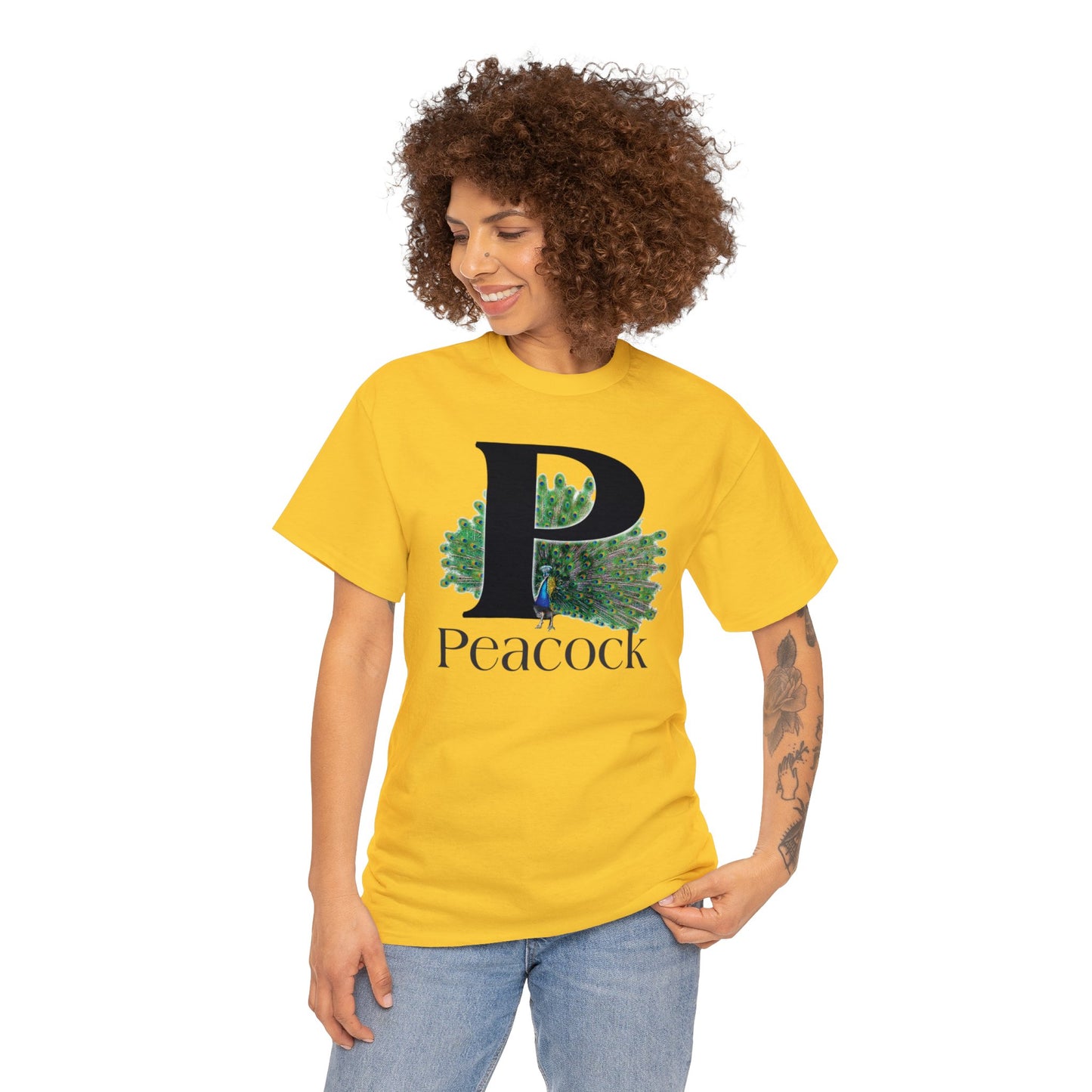 P is for Peacock T-Shirt, Peacock Feathers Fanned out, Bird Shirt, Drawing T-Shirt, animal t-shirt,