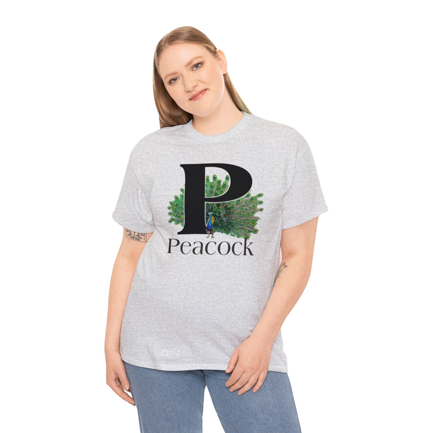 P is for Peacock T-Shirt, Peacock Feathers Fanned out, Bird Shirt, Drawing T-Shirt, animal t-shirt,