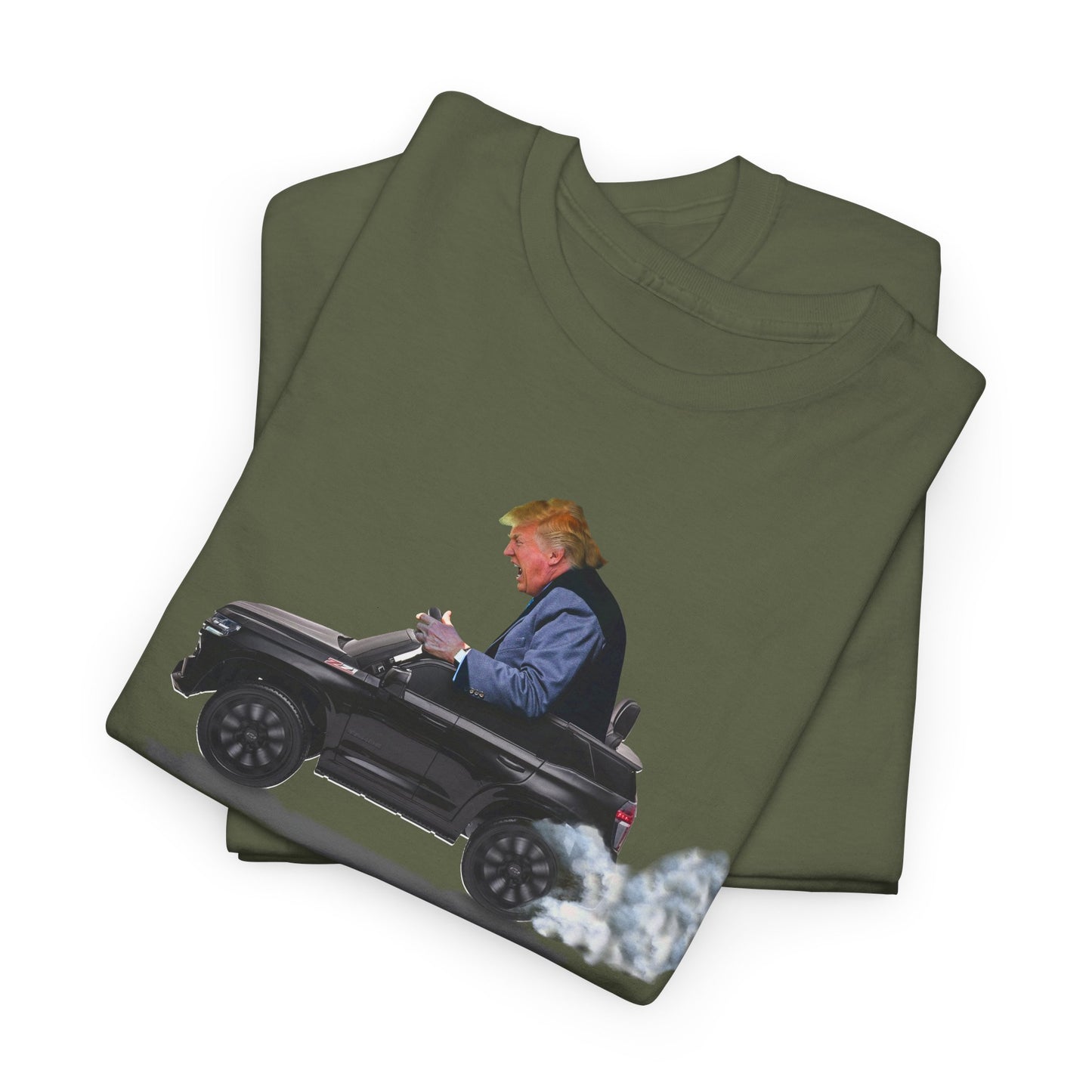 Funny Trump T-Shirt showing Donald Driving a Tiny battery powered toy car, Burning off Tires, Digital Photo Rendering