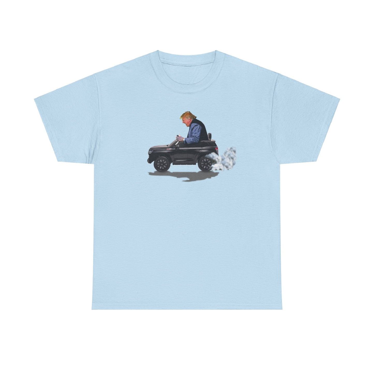 Funny Trump T-Shirt showing Donald Driving a Tiny battery powered toy car, Burning off Tires, Digital Photo Rendering