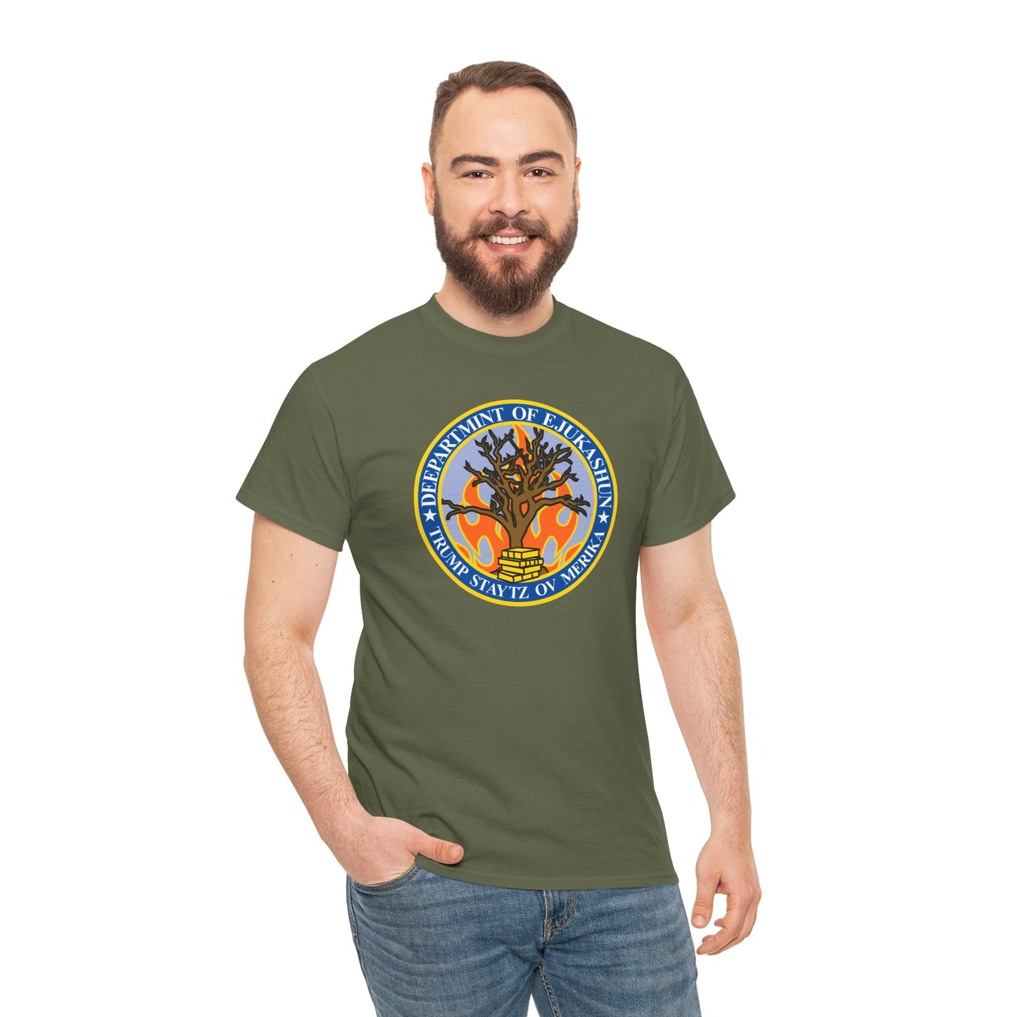 Trump Parody T-Shirt Department of Education, Misspelled as Deepartmint of Edukashun, Burning Tree, Banned Books, Dystopian, Sad Political Dark Humor