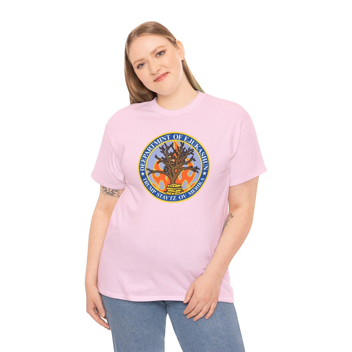 Trump Parody T-Shirt Department of Education, Misspelled as Deepartmint of Edukashun, Burning Tree, Banned Books, Dystopian, Sad Political Dark Humor