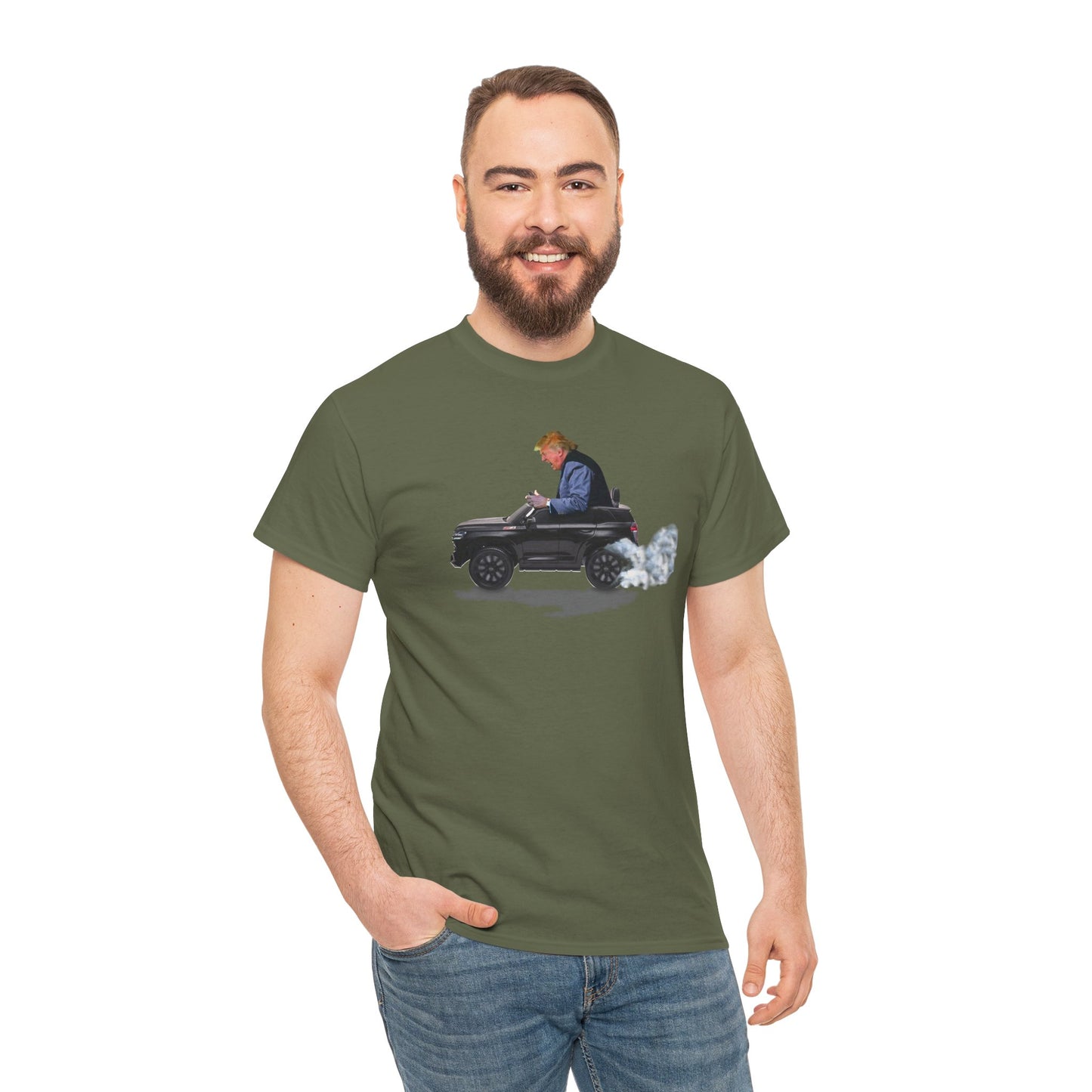 Funny Trump T-Shirt showing Donald Driving a Tiny battery powered toy car, Burning off Tires, Digital Photo Rendering