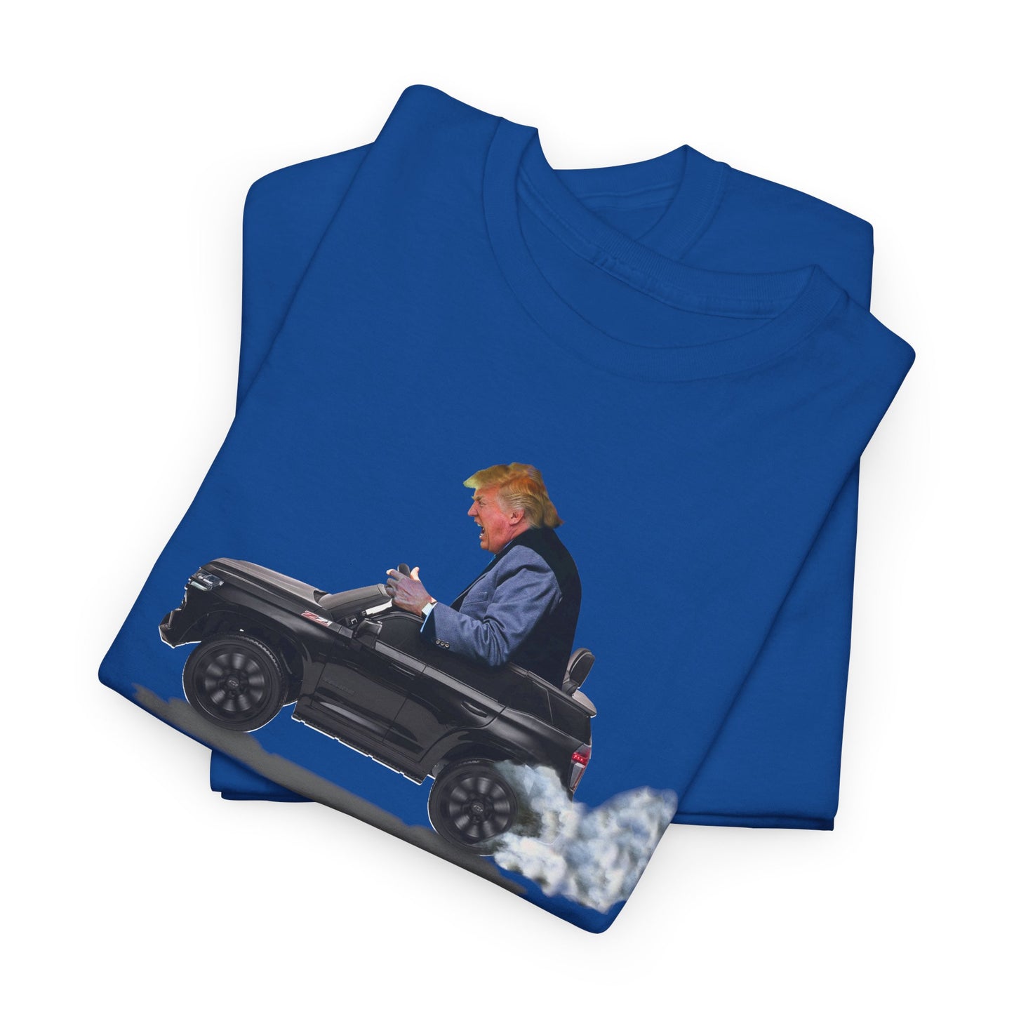 Funny Trump T-Shirt showing Donald Driving a Tiny battery powered toy car, Burning off Tires, Digital Photo Rendering