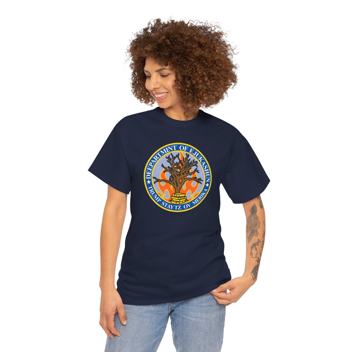 Trump Parody T-Shirt Department of Education, Misspelled as Deepartmint of Edukashun, Burning Tree, Banned Books, Dystopian, Sad Political Dark Humor