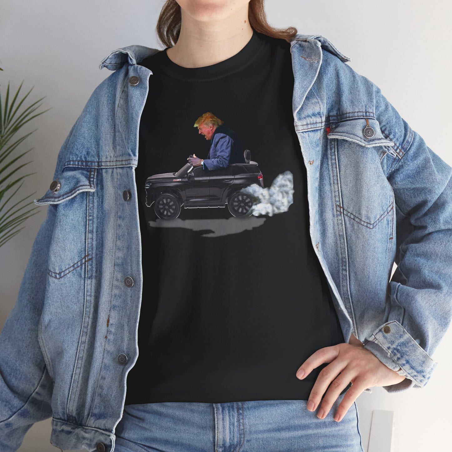 Funny Trump T-Shirt showing Donald Driving a Tiny battery powered toy car, Burning off Tires, Digital Photo Rendering