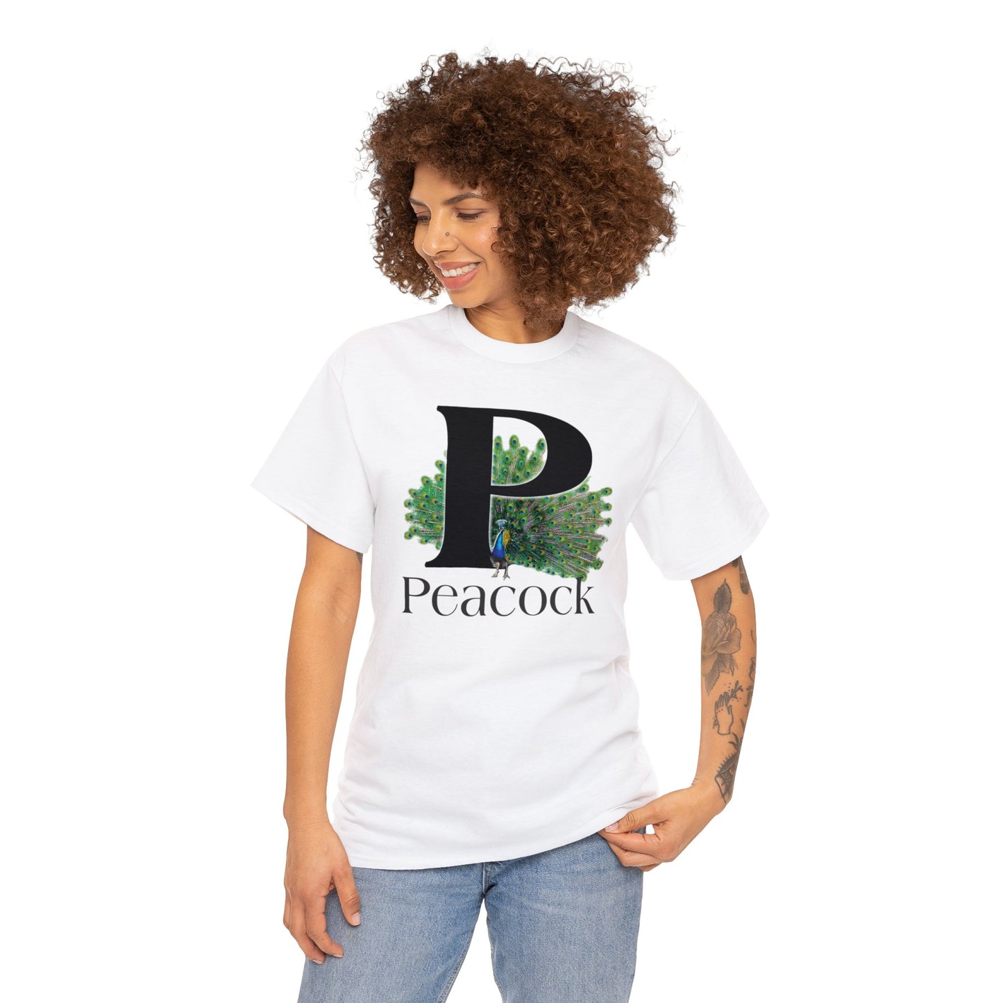 P is for Peacock T-Shirt, Peacock Feathers Fanned out, Bird Shirt, Drawing T-Shirt, animal t-shirt,