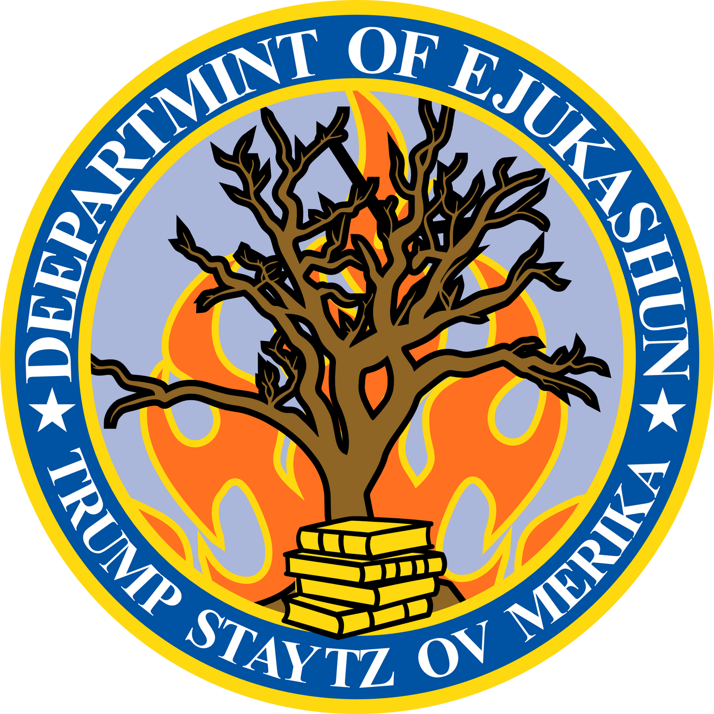 Trump Parody T-Shirt Department of Education, Misspelled as Deepartmint of Edukashun, Burning Tree, Banned Books, Dystopian, Sad Political Dark Humor